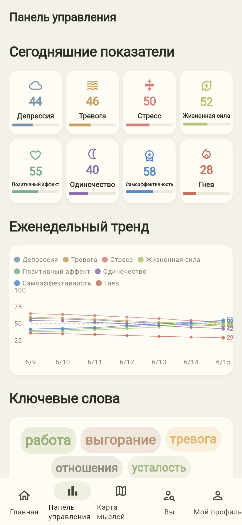 Фактический скриншот экрана панели управления приложения Dear Me