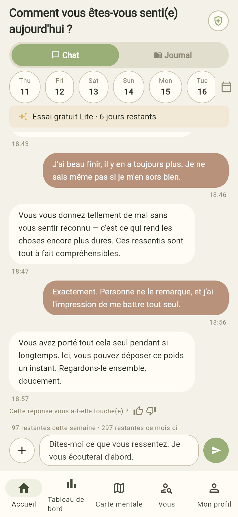 Capture d'ecran de l'interface de chat de l'application Dear Me
