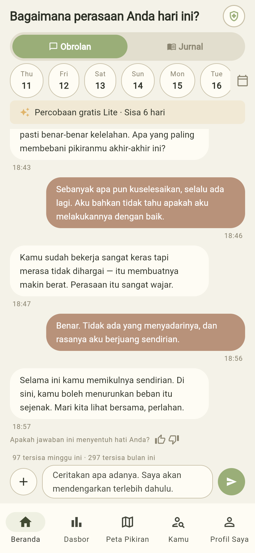 Tangkapan layar obrolan aplikasi Dear Me yang sebenarnya