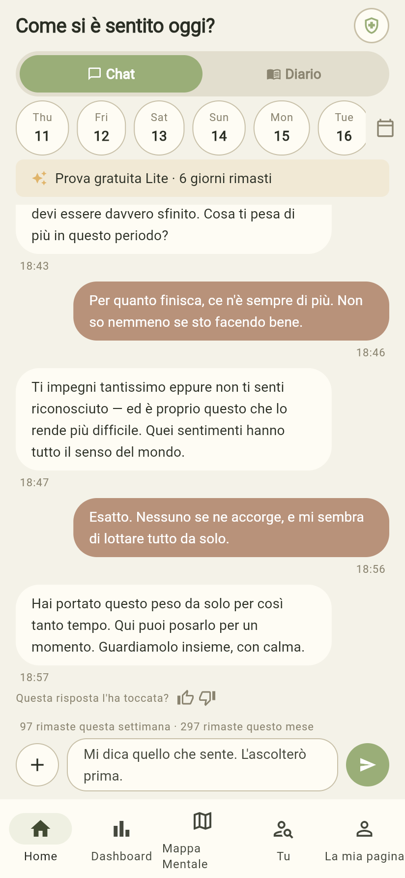 Screenshot della schermata di chat reale dell'app Dear Me