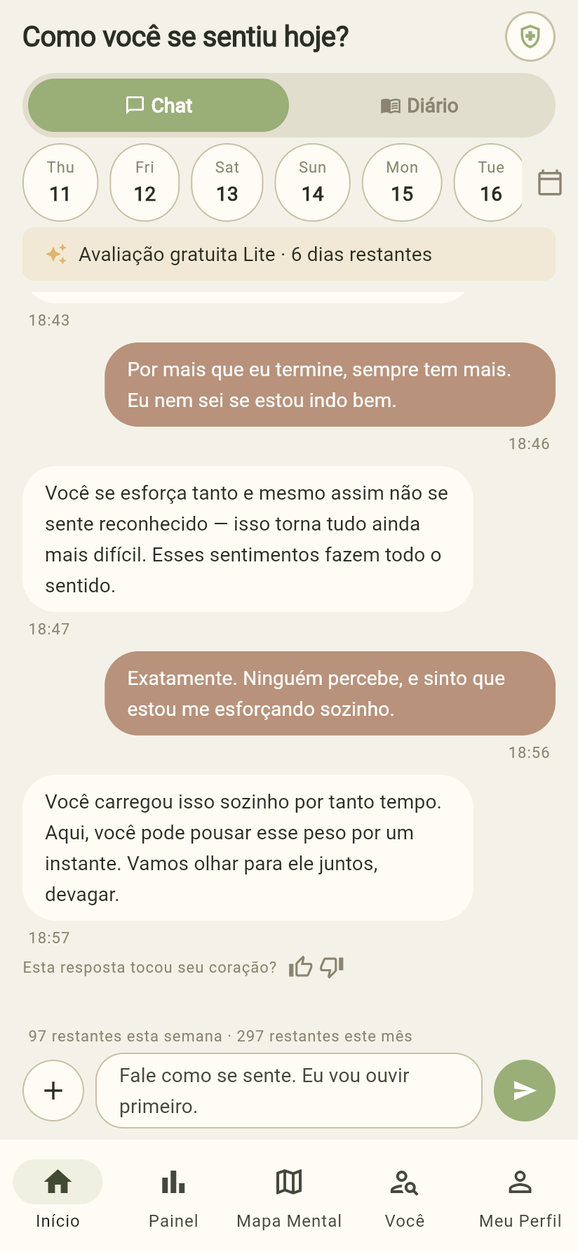 Captura de tela da interface de chat real do aplicativo Dear Me
