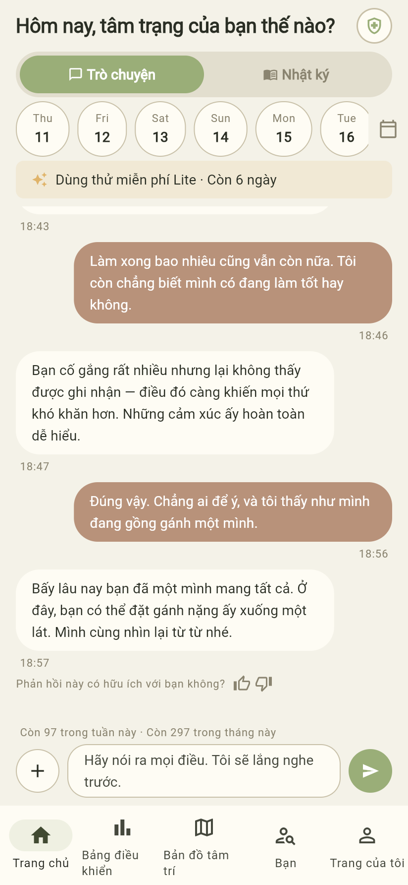 Ảnh chụp màn hình giao diện trò chuyện thực tế của ứng dụng Dear Me